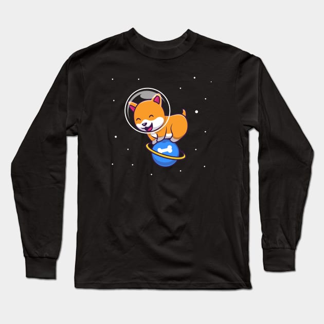 Cute Dog Playing On Planet Cartoon Long Sleeve T-Shirt by Catalyst Labs